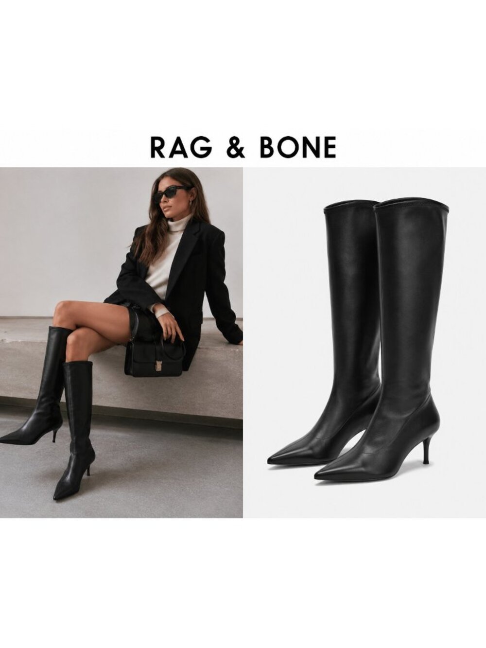 Rag & Bone Mercer Leather Knee High Boots Black Pointed Toe Kitten Heel EU 37 - Picture 1 of 16